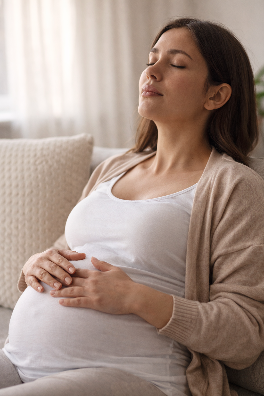 قاعدة 5-1-1 للمخاض: حامل تمارس التنفس والاسترخاء لتقليل شدّ الجسم أثناء التقلصات مع إضاءة طبيعية هادئة