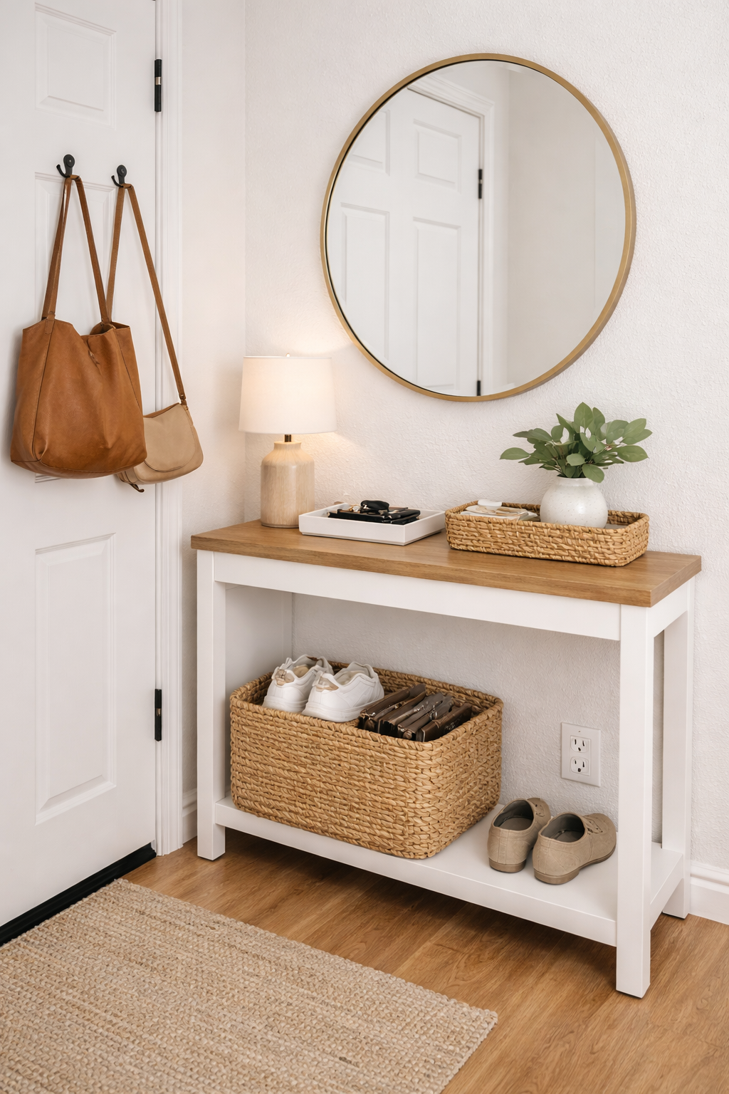 سلة تنظيم بسيطة في المدخل لتجميع الأغراض اليومية وتقليل الفوضى