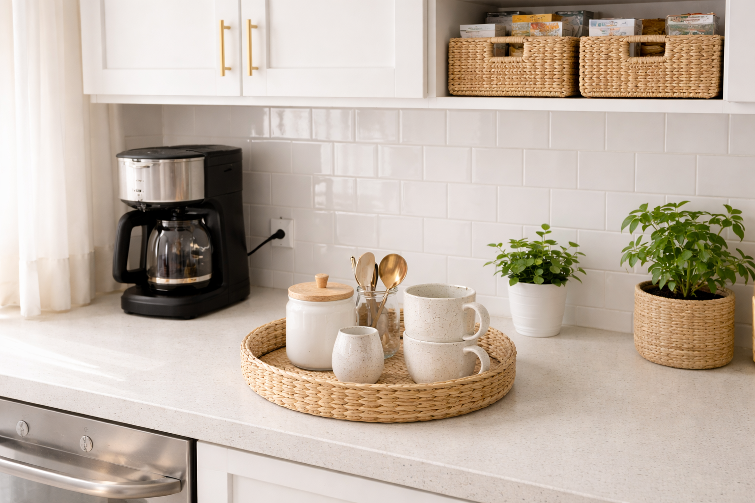 صينية قهوة مرتبة مع سطح شبه فارغ يمنح راحة بصرية