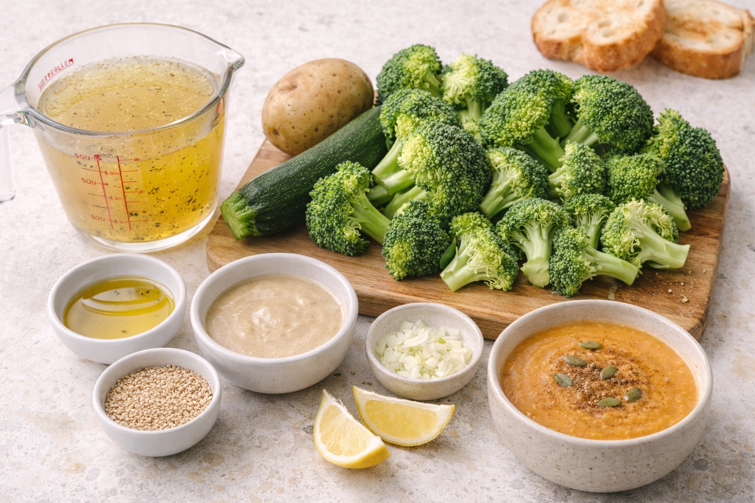 مكونات شوربة بروكلي بالطحينة والليمون مرتبة على سطح مطبخ