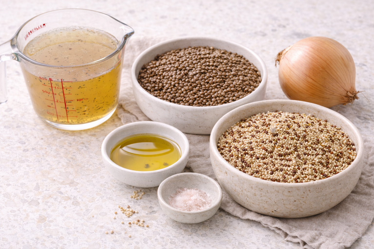 مكونات مجدرة كينوا وعدس مرتبة لتحضير وجبة ألياف للحامل