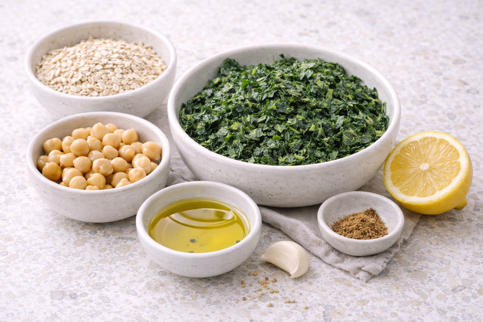 مكونات سلطة شوفان ملوخية للحامل مع زيت زيتون وليمون