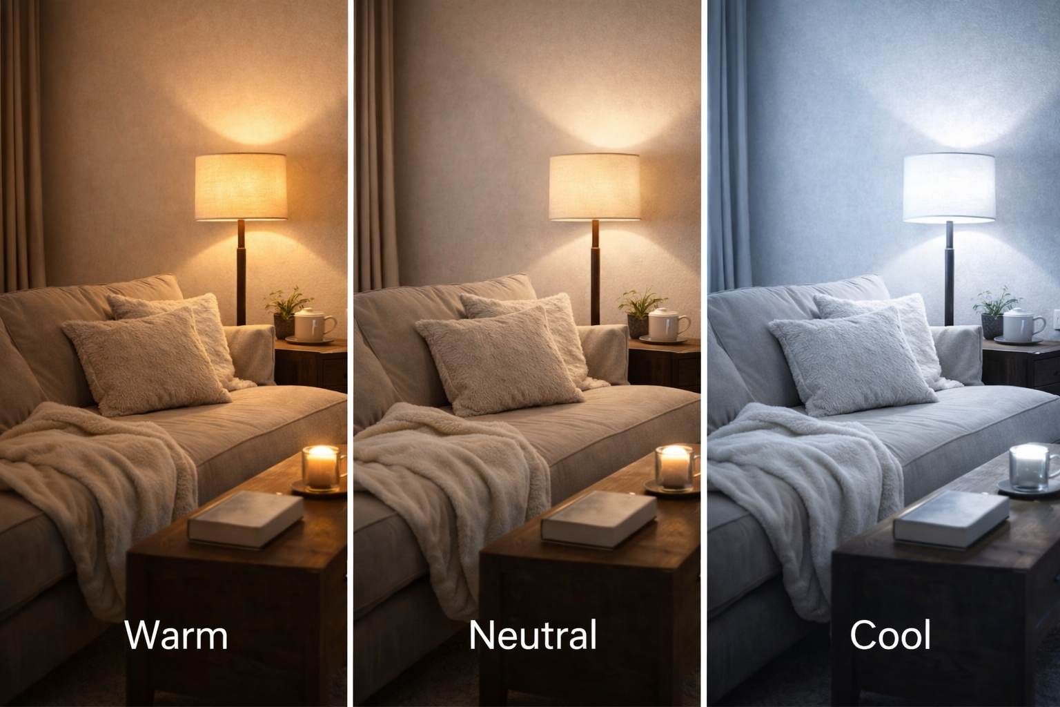 Lighting setups: warm, neutral, cool