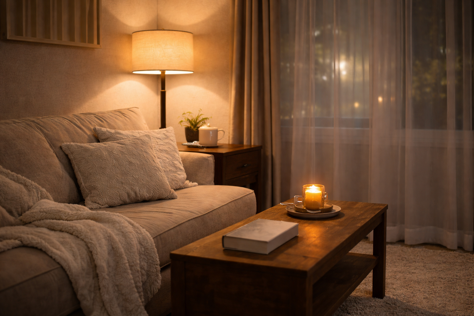 Cozy evening in a serene living room