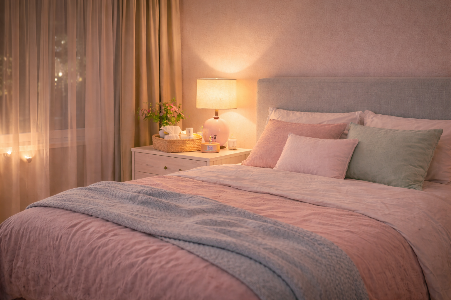 Soft pastel bedroom at night