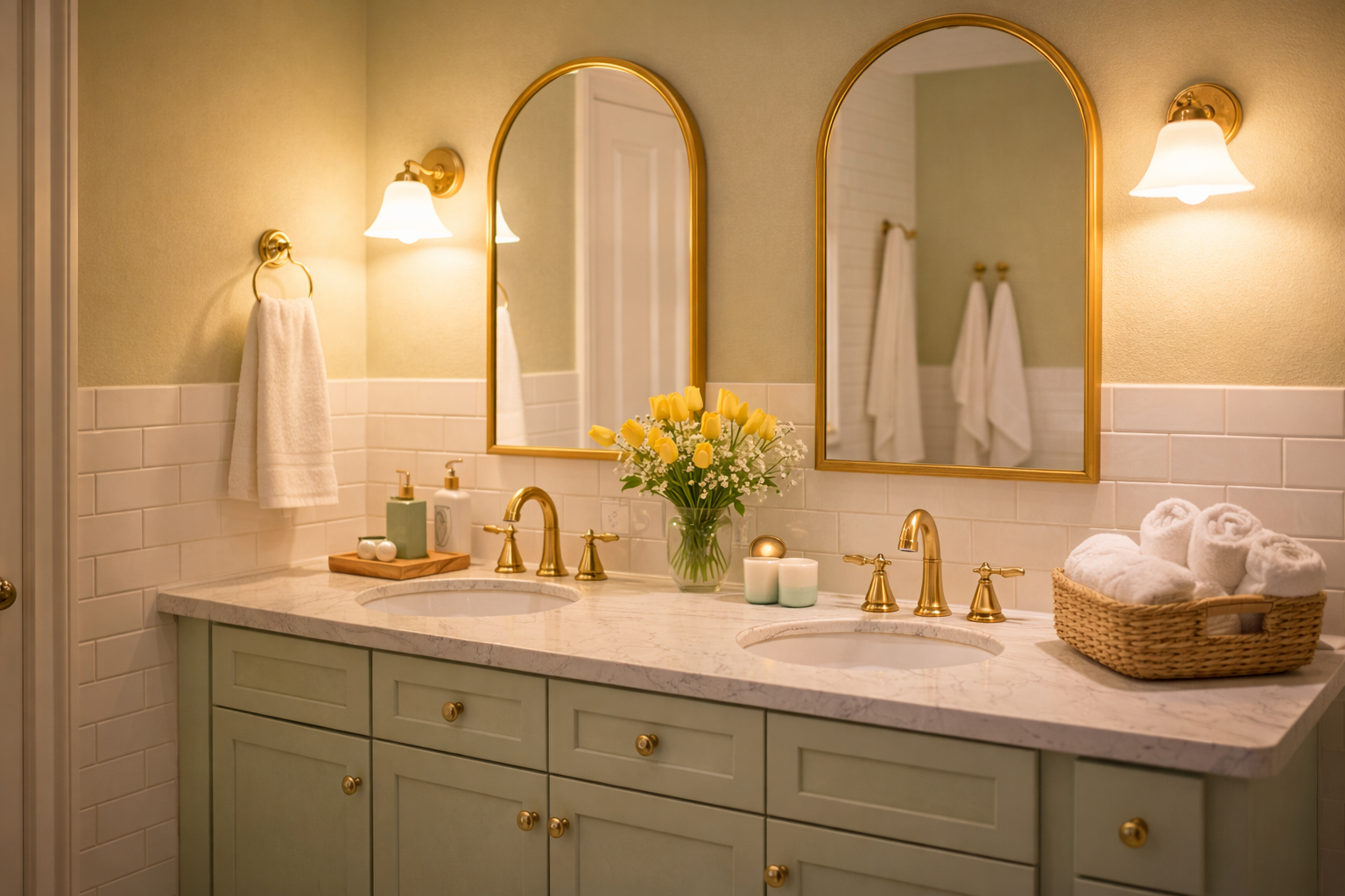• Elegant bathroom with brass accents