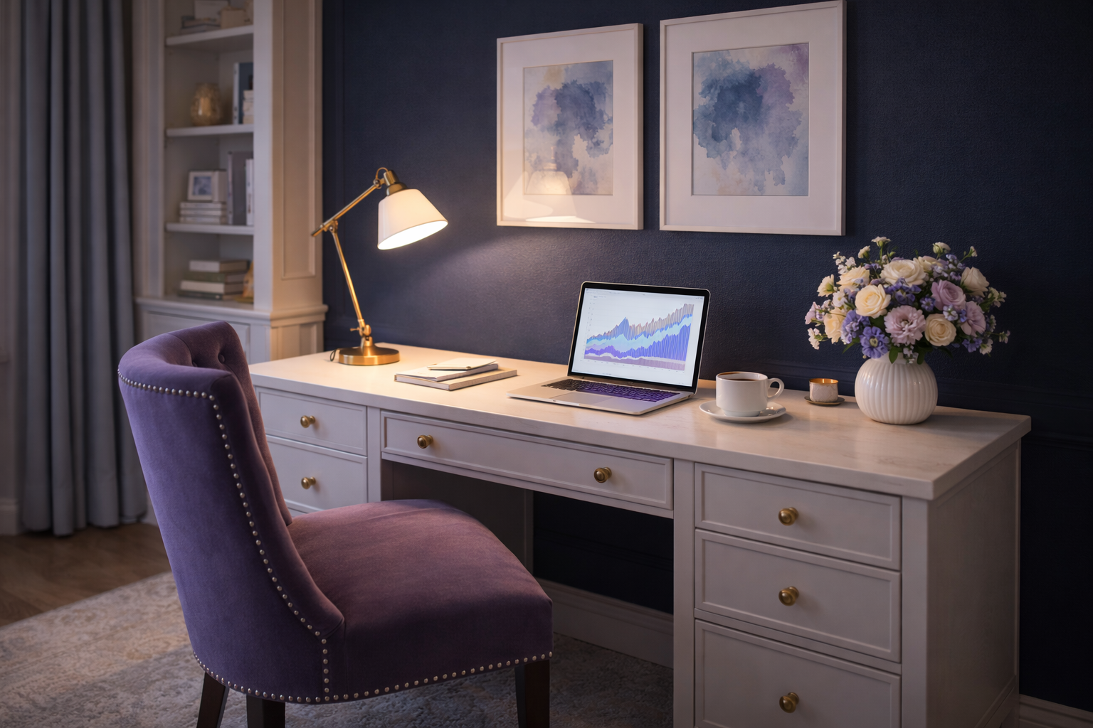 Elegant home office with purple accents