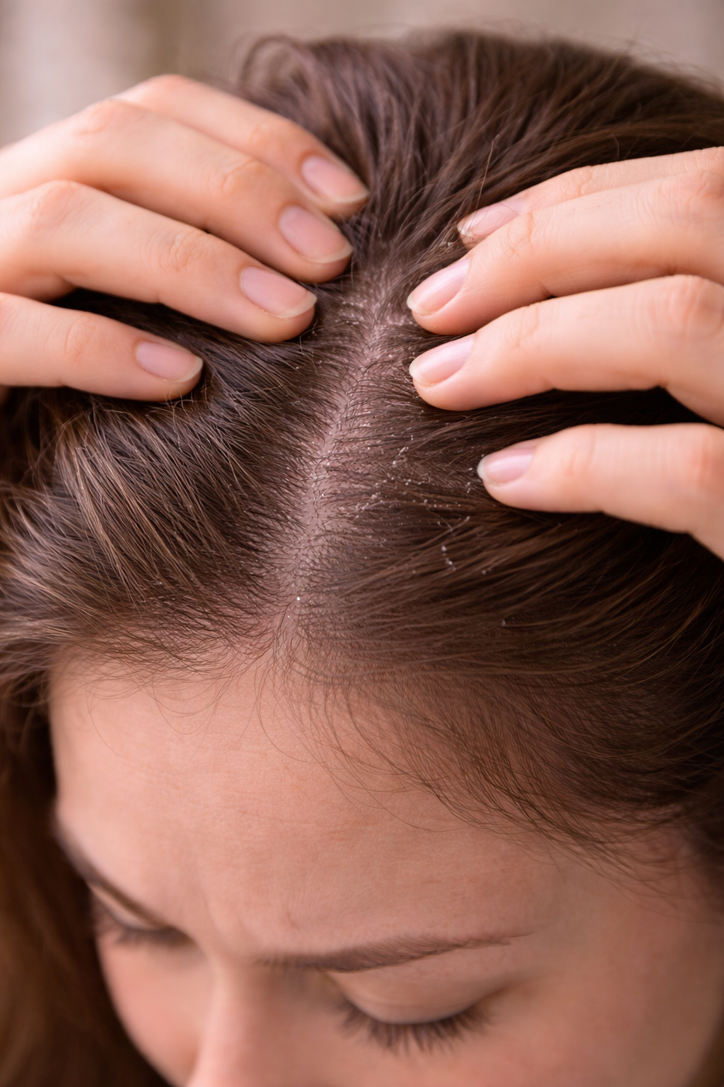 Irritated scalp and dandruff close-up