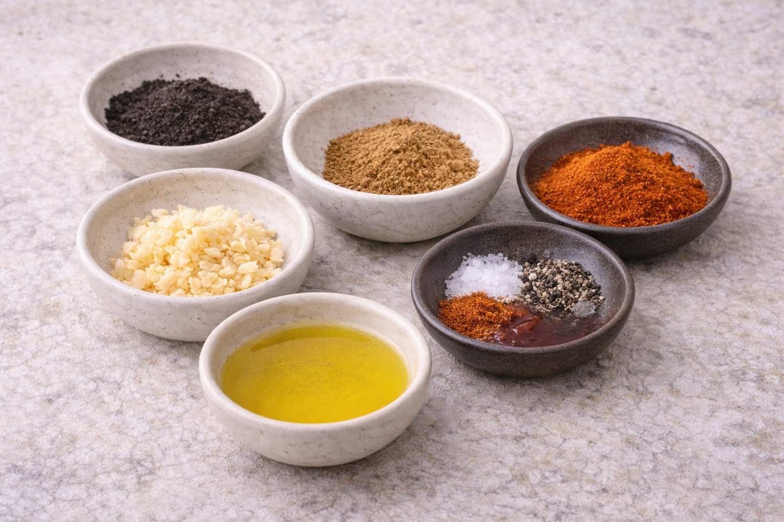 Spices and sauces on textured surface