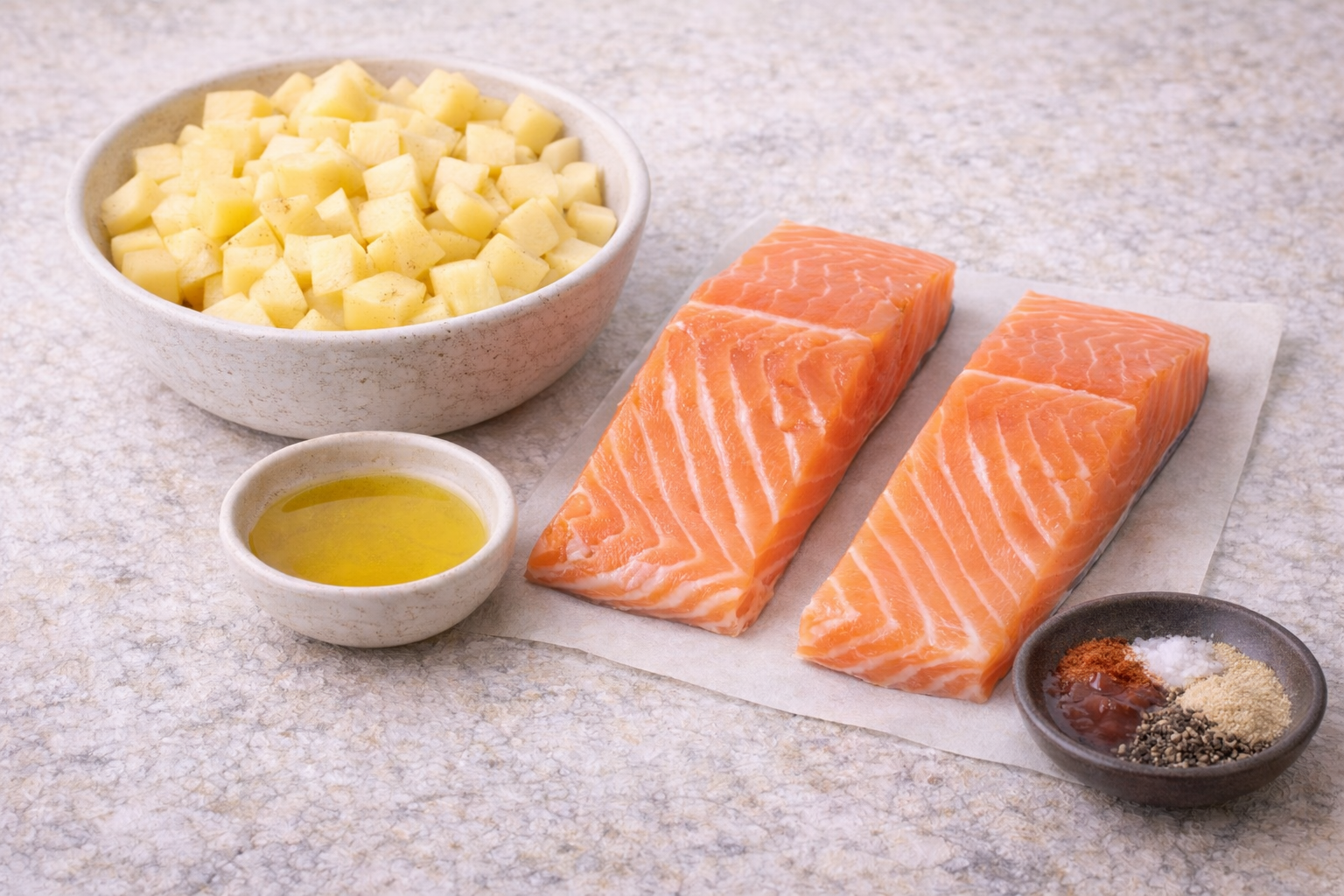 Fresh ingredients for a salmon dish