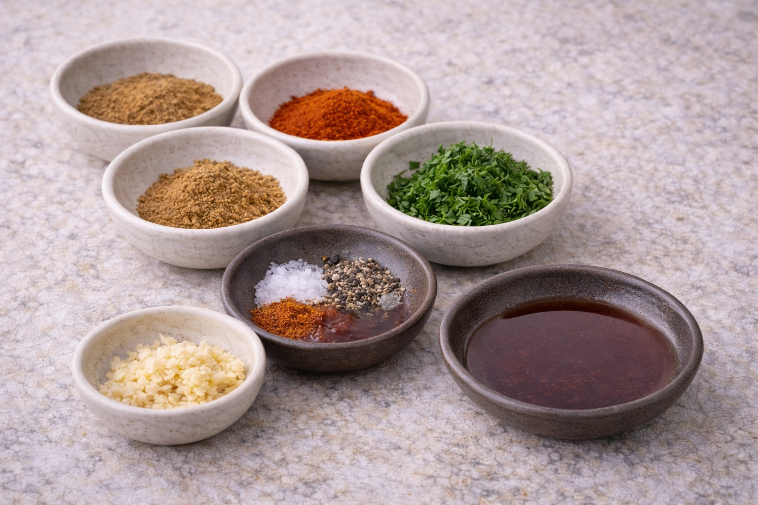 Spices and ingredients on textured surface