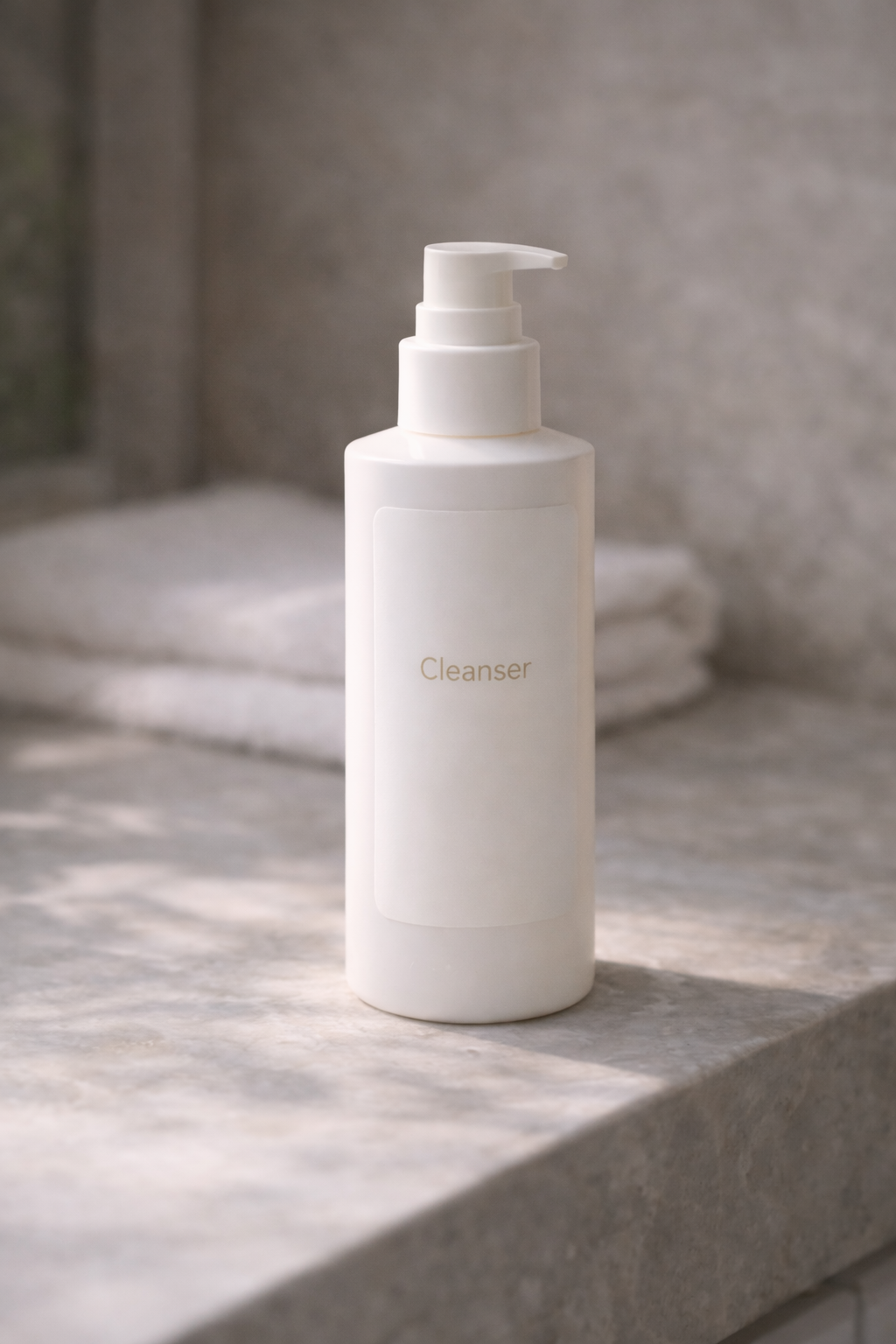 Minimalist cleanser on stone countertop