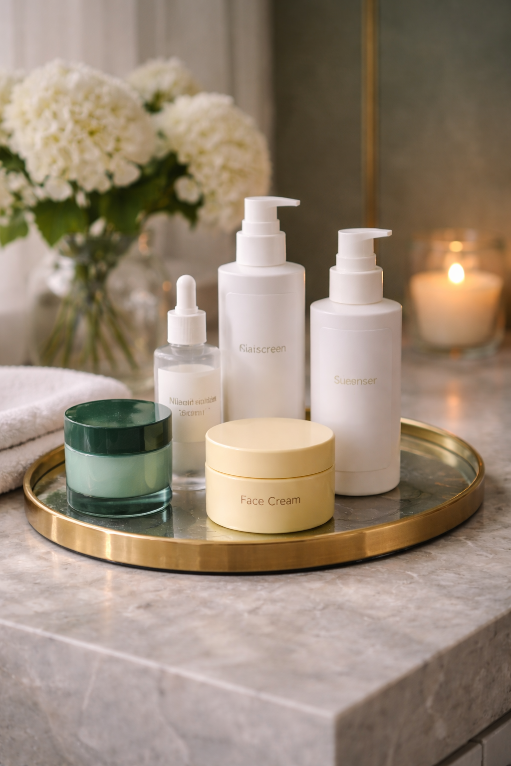 Elegant skincare display on gold tray