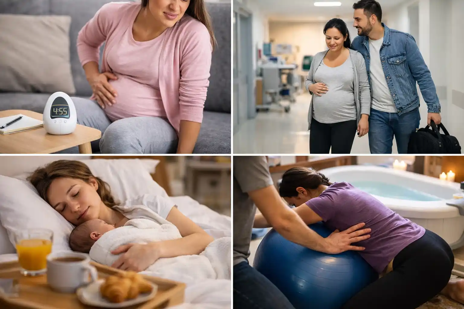 قاعدة 5-1-1 للمخاض: حامل تتابع توقيت التقلصات بهدوء مع كوب ماء وإضاءة طبيعية
