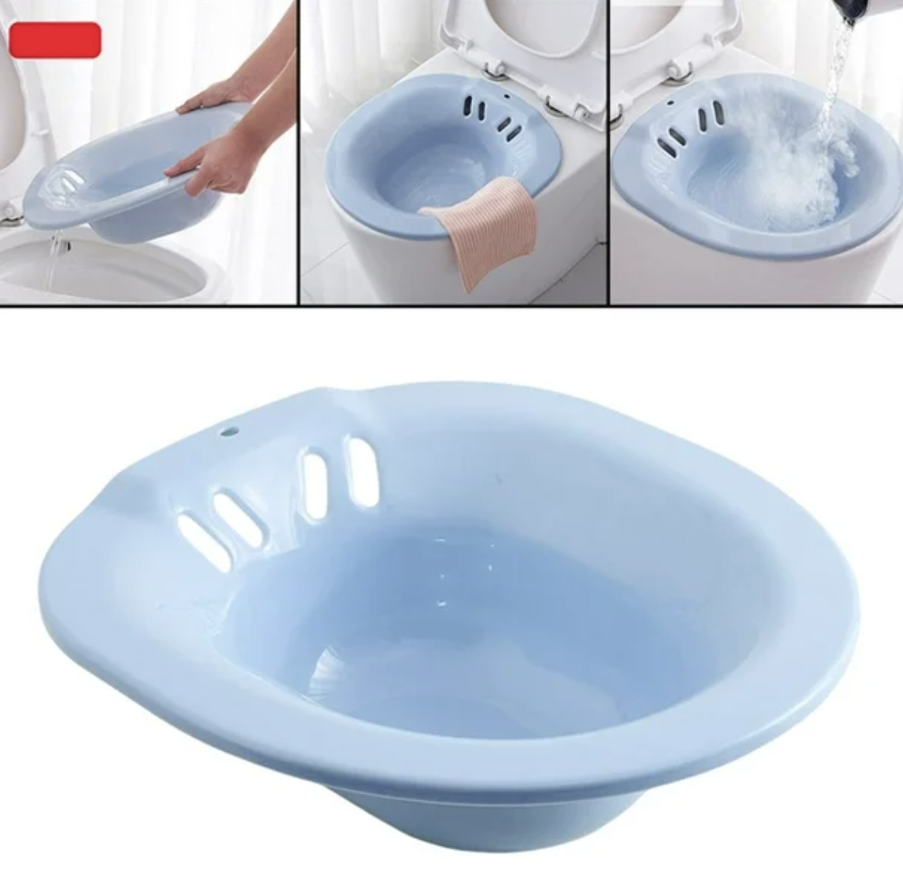 حوض حمام مقعدي (Sitz bath) بلاستيكي موضوع على كرسي المرحاض للاستخدام المنزلي