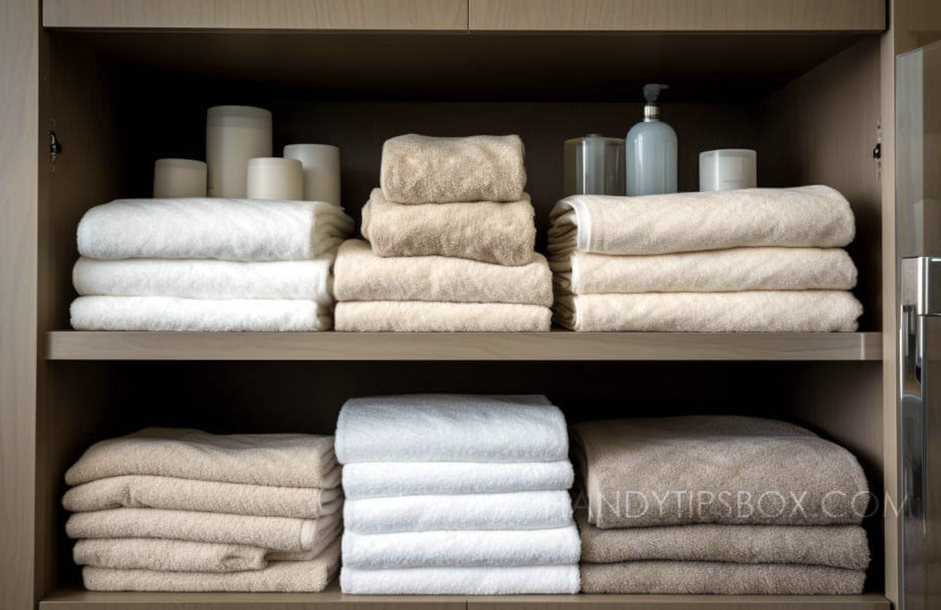 مناشف قطنية نظيفة مطوية على رف في الحمام، يمكن تخصيص واحدة لتجفيف منطقة الجرح بلطف بعد الاستحمام