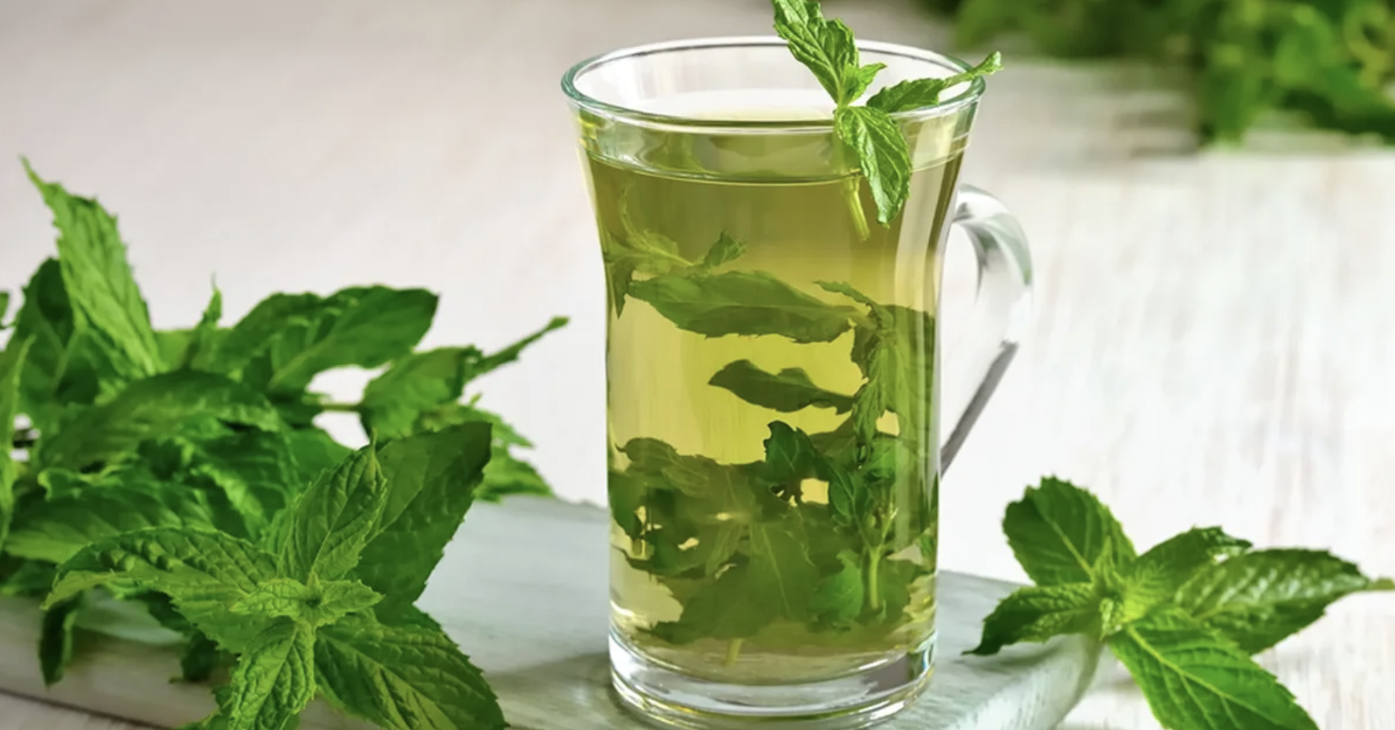 اوراق نعناع و ماء دافئ في كوب شفاف زجاجي
