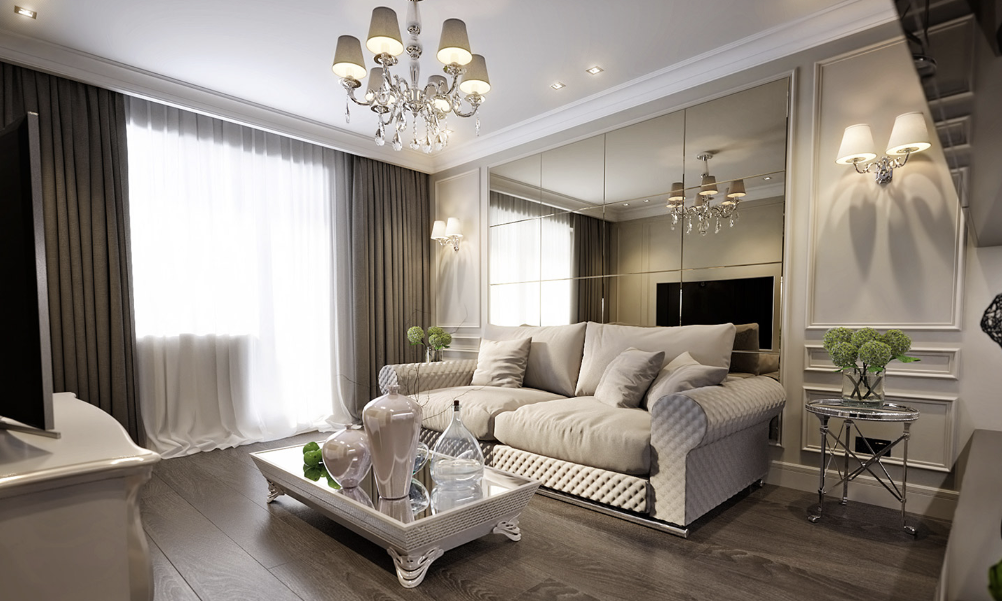 غرفة معيشة مع اضاءة طبيعيه و اضاءة هادئة بالسقف