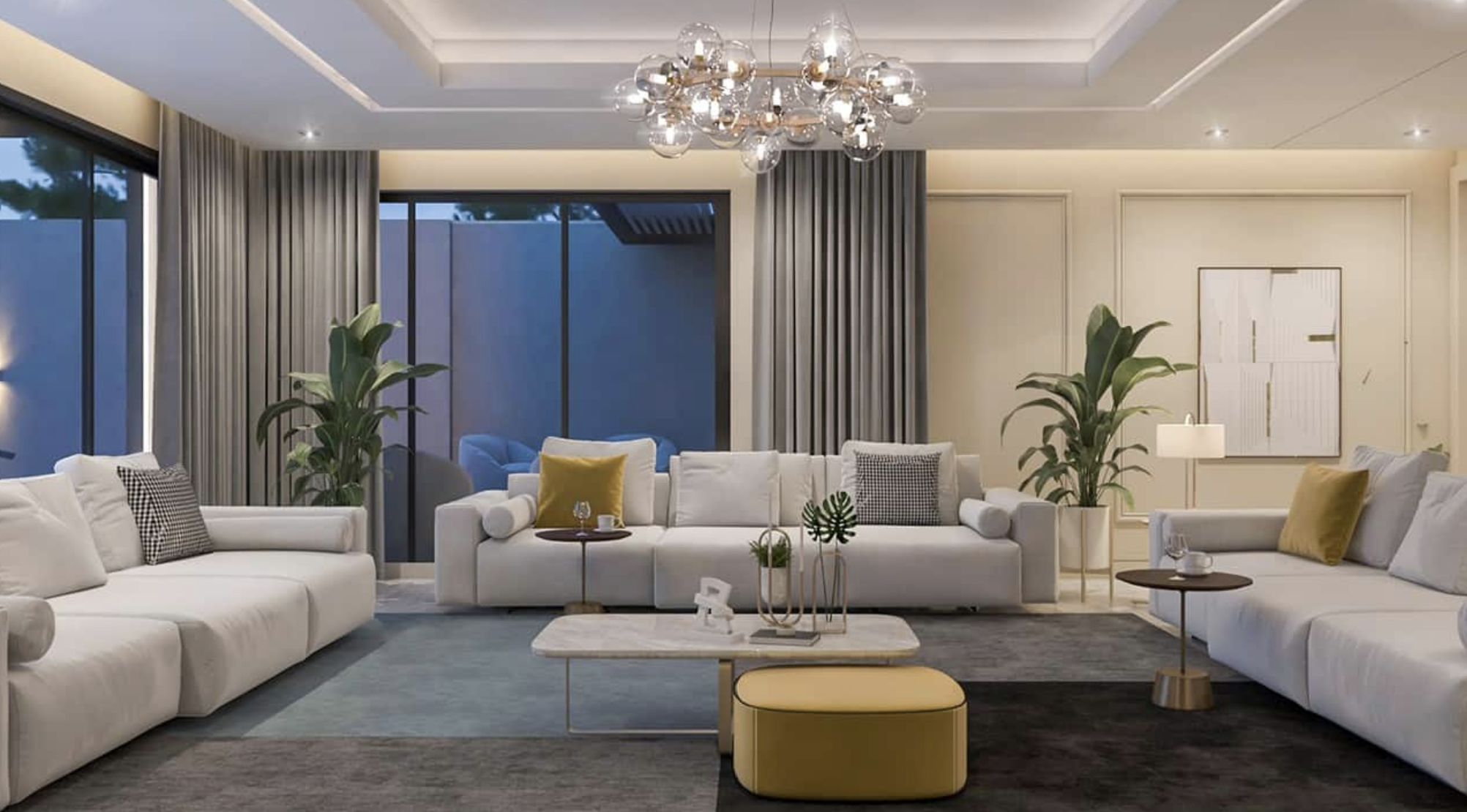 غرفة معيشة باضاءة بالسقف هادئة