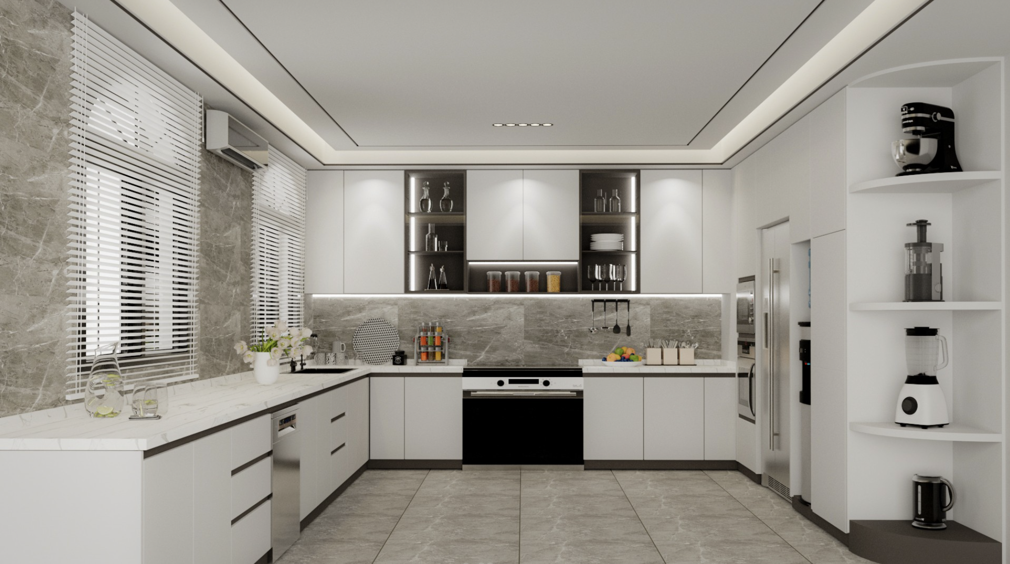 مطبخ بتصميم فاخر مع سطح عمل طويل وخلفية بلاط أو رخام وإضاءة دافئة تعطي جو مريح