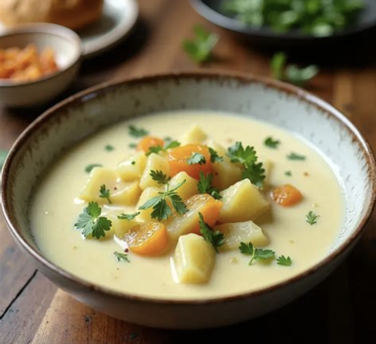 شوربة كريمية ساخنة في وعاء أبيض مع دوامة كريمة خفيفة ولمسة أعشاب