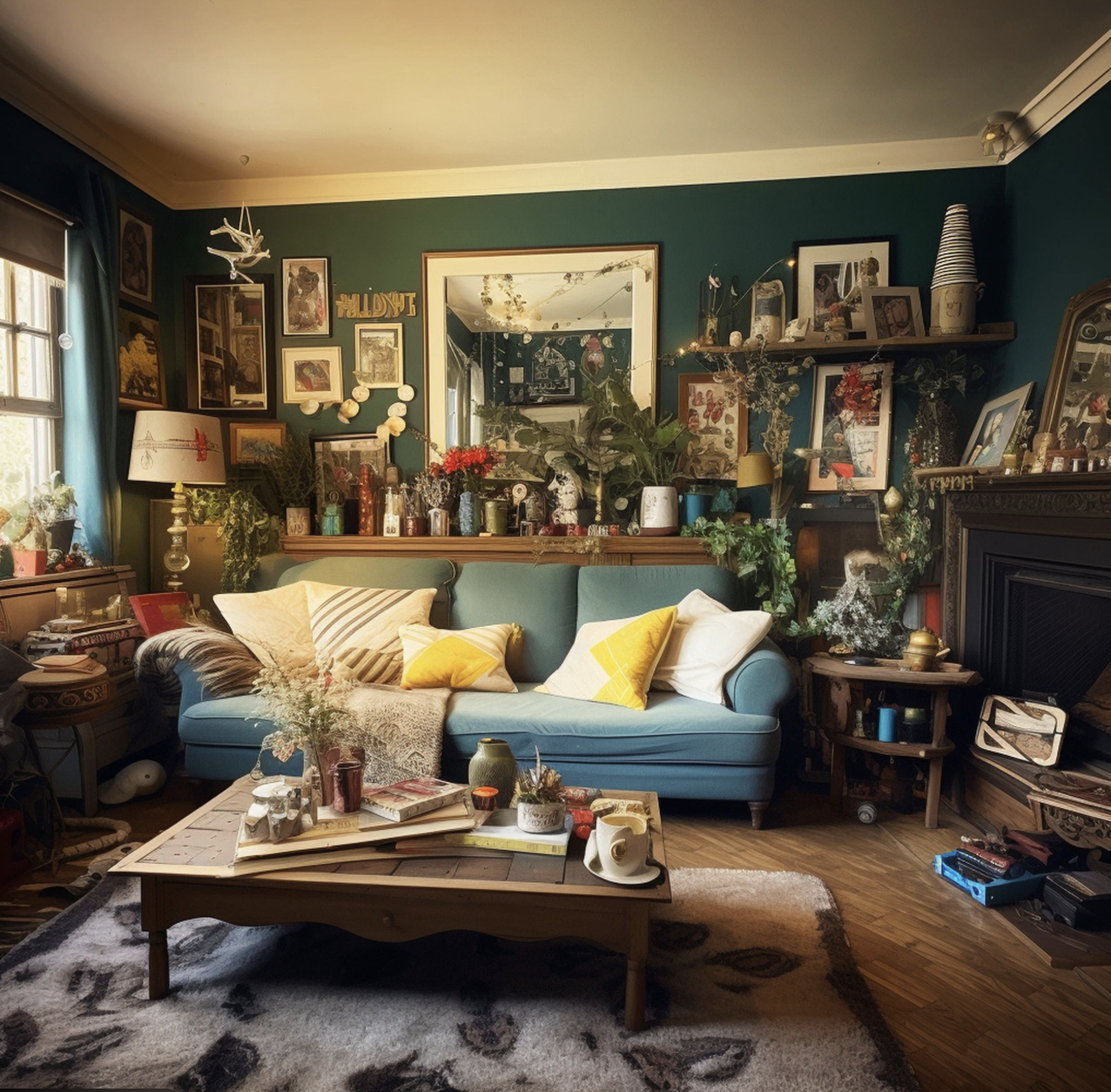 غرفة معيشة بأغراض كثيرة على الطاولة والأرض مع ألوان متعددة وأثاث متقارب