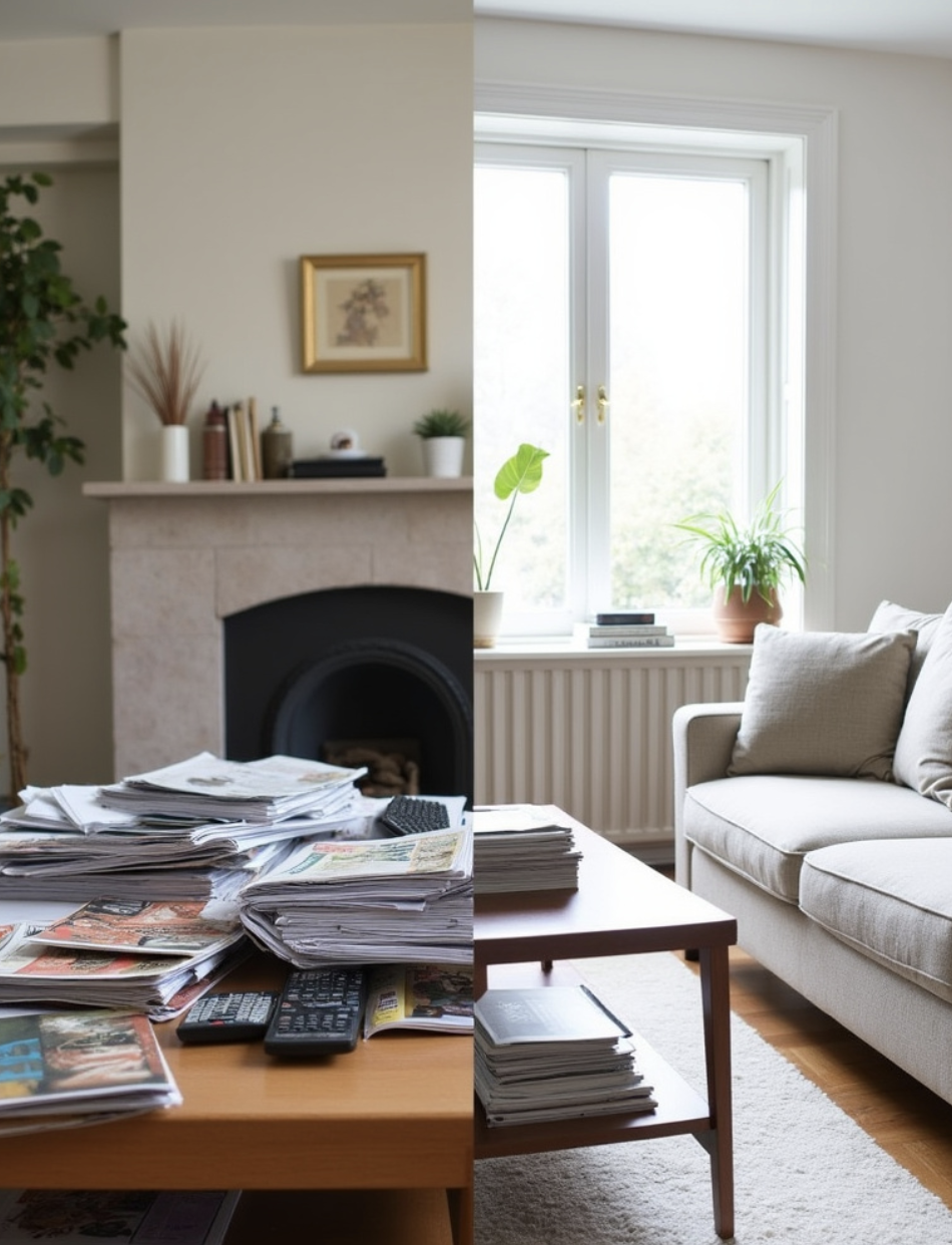 قبل و بعد لطاولة قهوة ممتلئة بأشياء متنوعة (أوراق، أكواب، أدوات) داخل غرفة تبدو مزدحمة