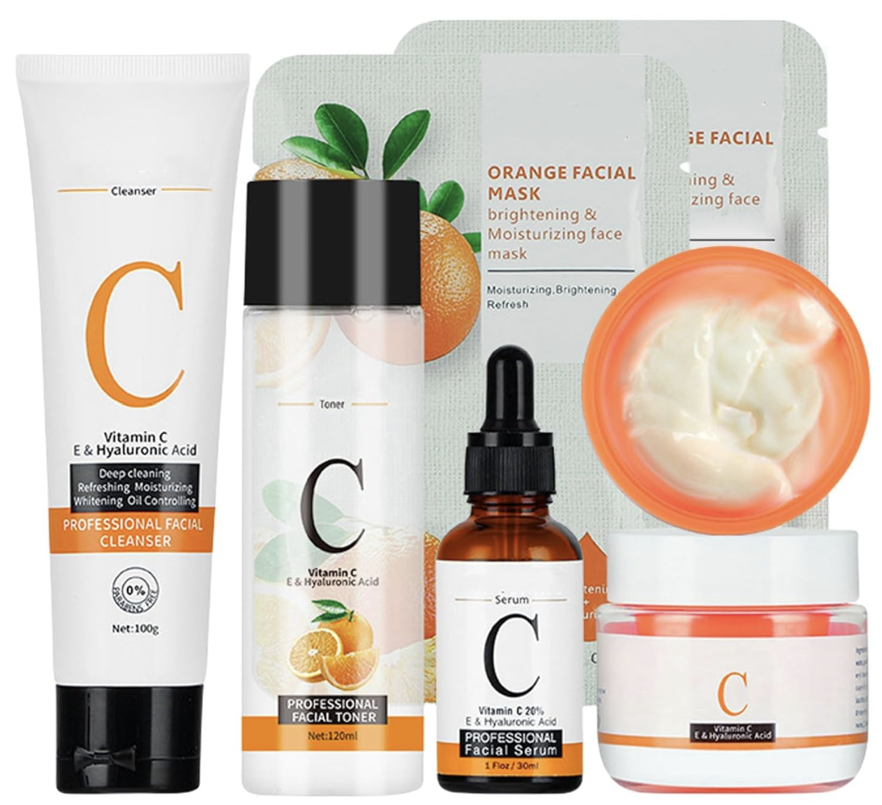 مجموعة فيتامين C للعناية بالوجه تضم غسول وسيروم ومرطب ومنتجات إضافية لروتين تفتيح وترطيب