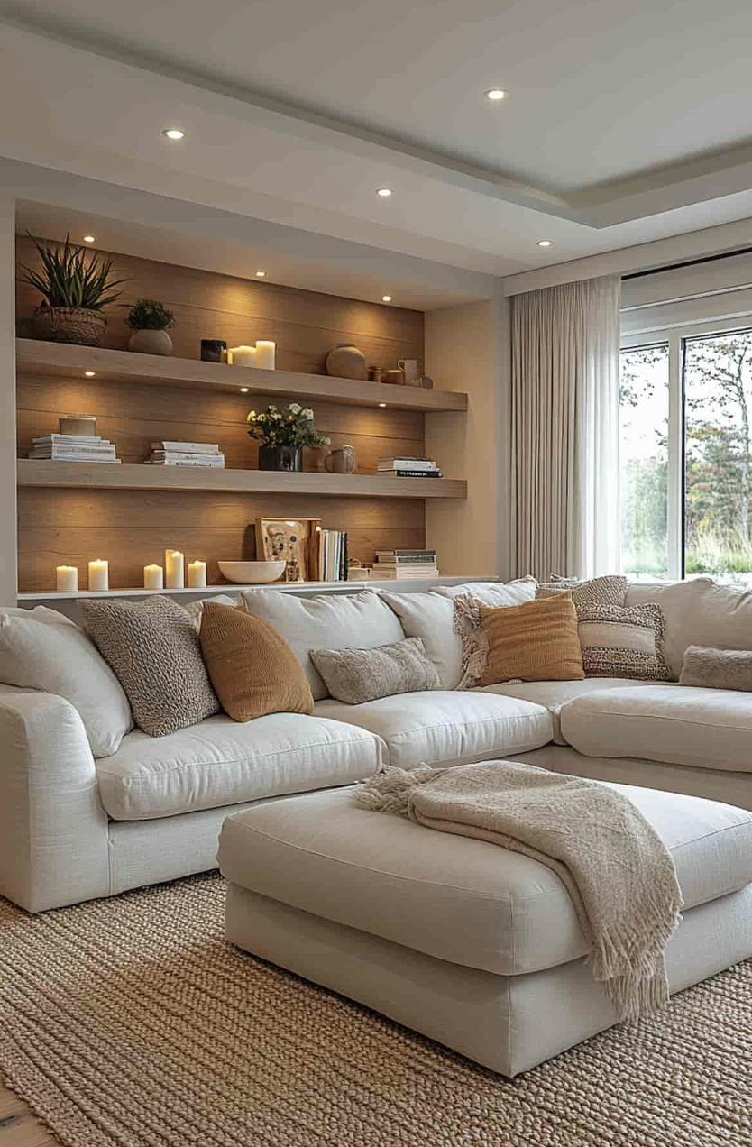 كنبة حديثة كبيرة بألوان حيادية وخطوط نظيفة مع خلفية رفوف وإضاءة مخفية تعطي إحساس فخم وهادئ.