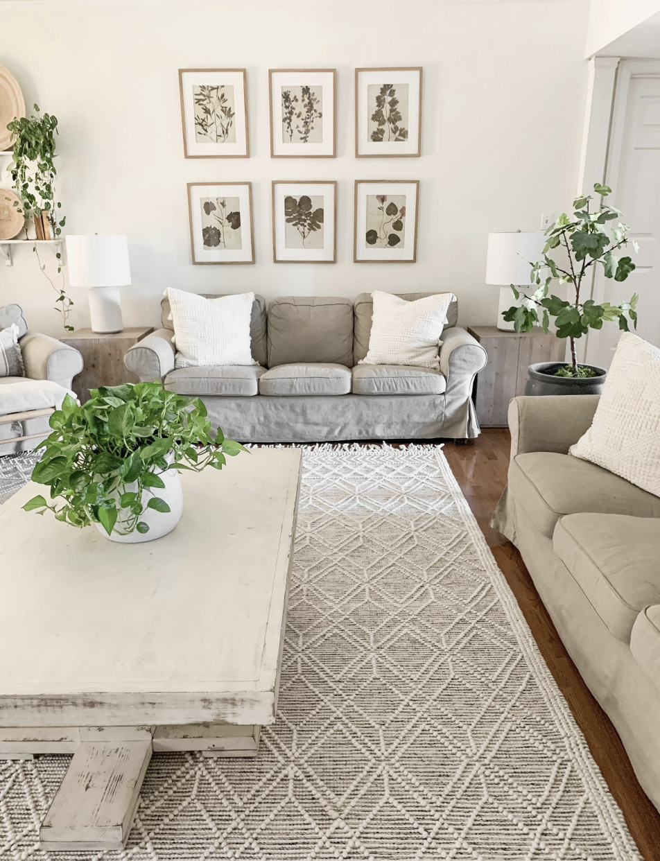 غرفة معيشة بألوان حيادية مع سجادة بيج رملي تعطي دفء وهدوء بصري