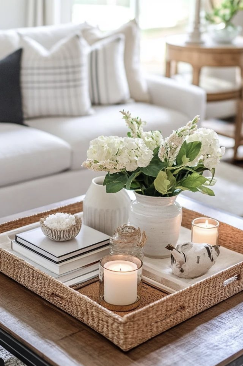 طاولة قهوة عليها صينية تجمع العناصر: مزهرية متوسطة بزهور فاتحة، شمعة صغيرة، كتاب ديكور، وقطعة ديكور صغيرة لإضافة توازن بصري.