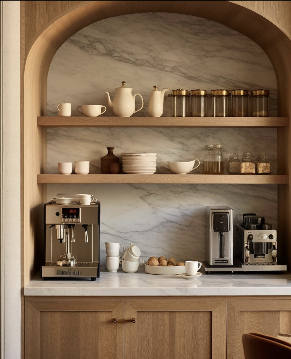 ركن قهوة مودرن بخلفية رخامية ورفوف خشبية، مكينة قهوة على الكاونتر وتنسيق أكواب وصينية بشكل بسيط ومرتب