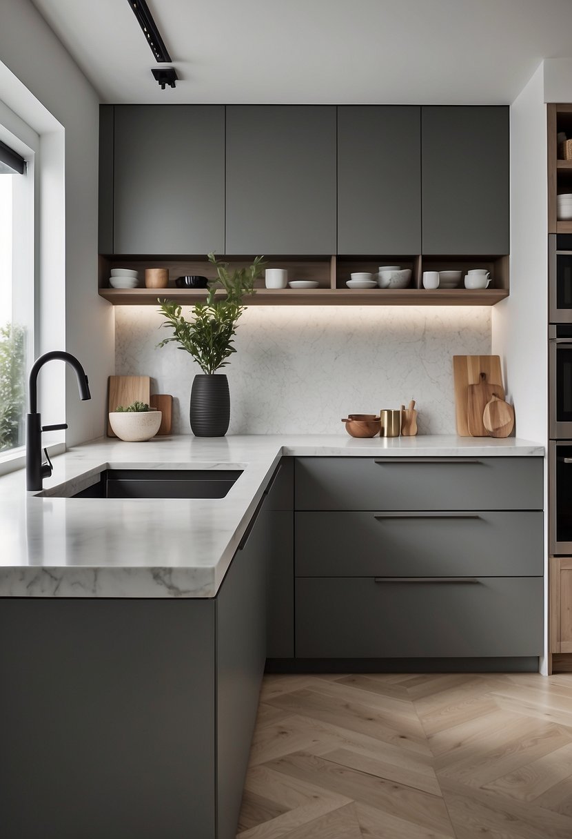 مطبخ مينيمال بسطح رخام شبه فارغ مع أدوات قليلة جدًا—تفريغ سطح واحد يقلل الضوضاء البصرية.