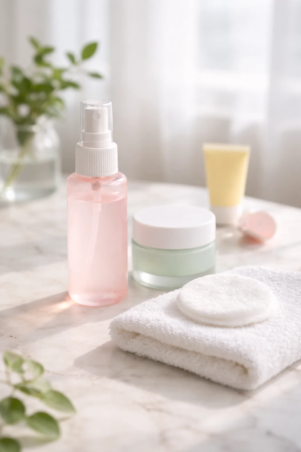 Hypochlorous Acid للبشرة على سطح رخامي مع مرطب بعلبة لونها فاتح ومنشفة قطنية وإضاءة طبيعية ناعمة ضمن روتين عناية للبشرة الحساسة