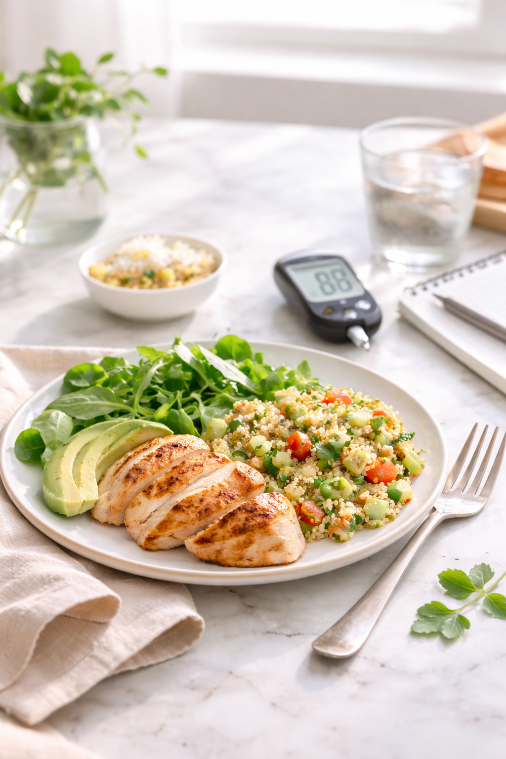 سكر الحمل: طبق متوازن منخفض المؤشر السكري يحتوي دجاج مشوي وكينوا وسلطة خضراء مع جهاز قياس السكر على سطح رخامي وإضاءة طبيعية