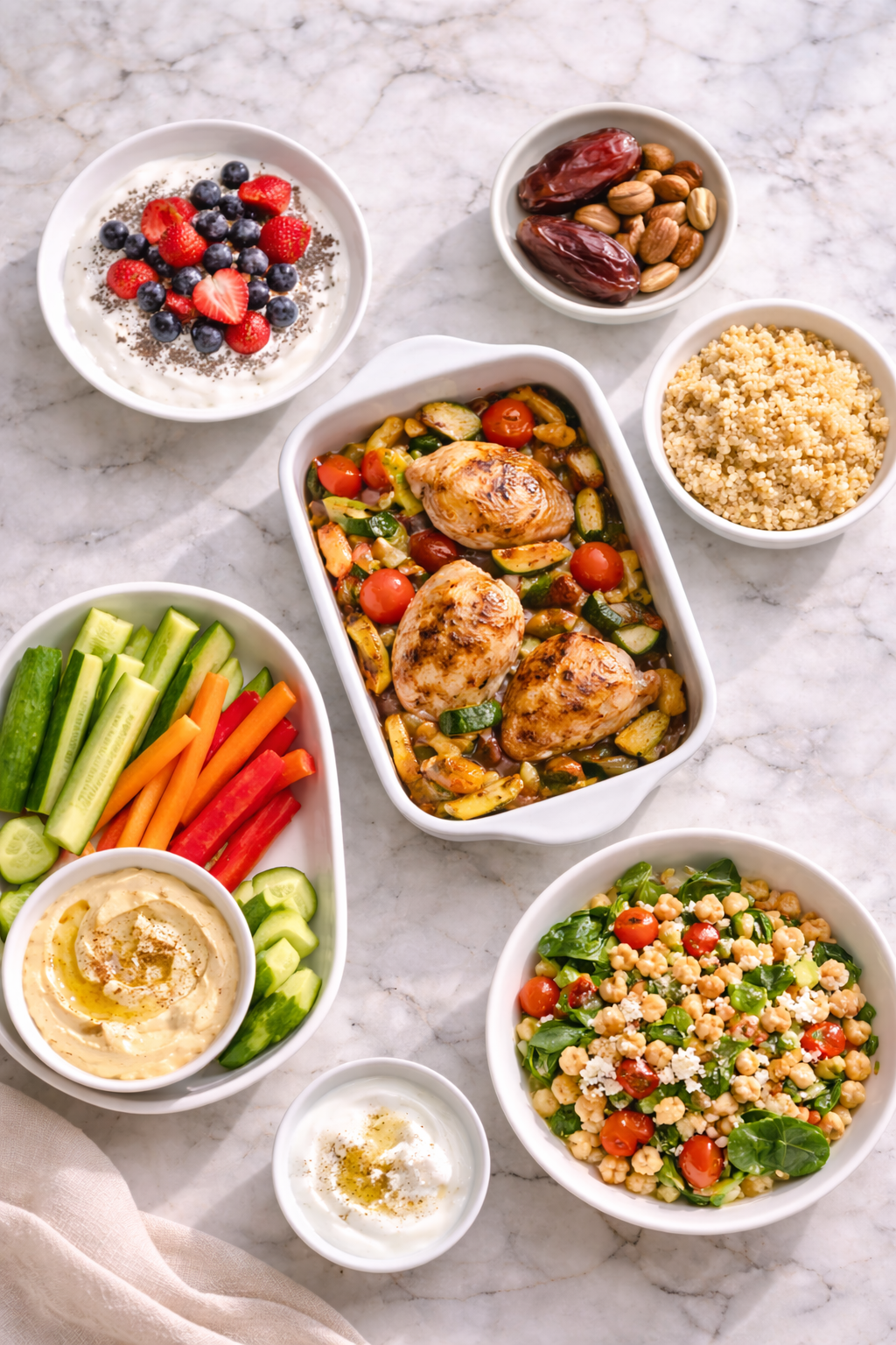سكر الحمل: وجبات منخفضة المؤشر السكري على سطح رخامي بإضاءة طبيعية تشمل زبادي عالي البروتين مع شيا وتوت، تمر مع مكسرات، صينية خضار مع دجاج وكينوا، خضار مقطعة مع حمص، وسلطة حمص دافئة مع زبادي