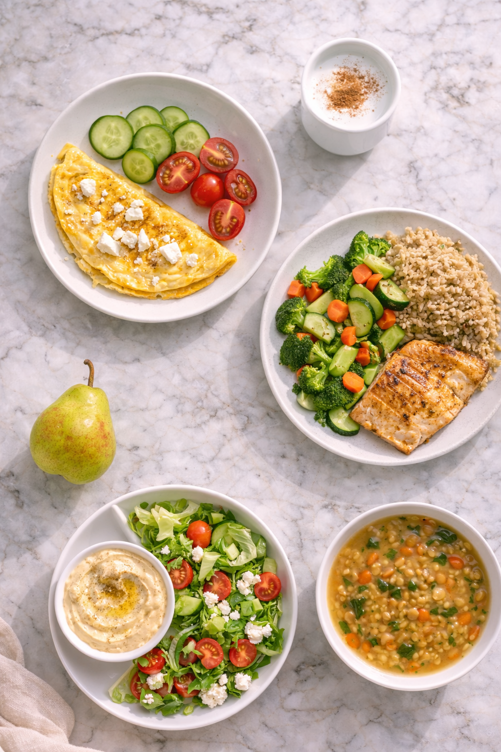 سكر الحمل: وجبات منخفضة المؤشر السكري على سطح رخامي بإضاءة طبيعية تشمل أومليت مع جبن فيتا وخيار وطماطم، حليب مبستر بالقرفة، سمك مع خضار سوتيه وأرز بني، كمثرى صغيرة، وشوربة عدس خفيفة مع سلطة