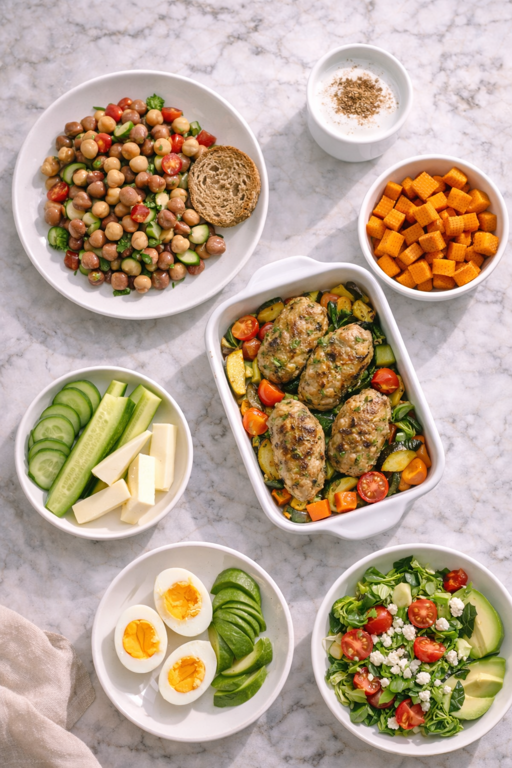 سكر الحمل: وجبات منخفضة المؤشر السكري على سطح رخامي بإضاءة طبيعية تشمل فول/حمص مع خضار وخبز حبوب كاملة، زبادي مع بذور كتان، كفتة دجاج بالفرن مع صينية خضار وبطاطا حلوة، خيار مع جبن، وبيض مسلوق مع سلطة وأفوكادو