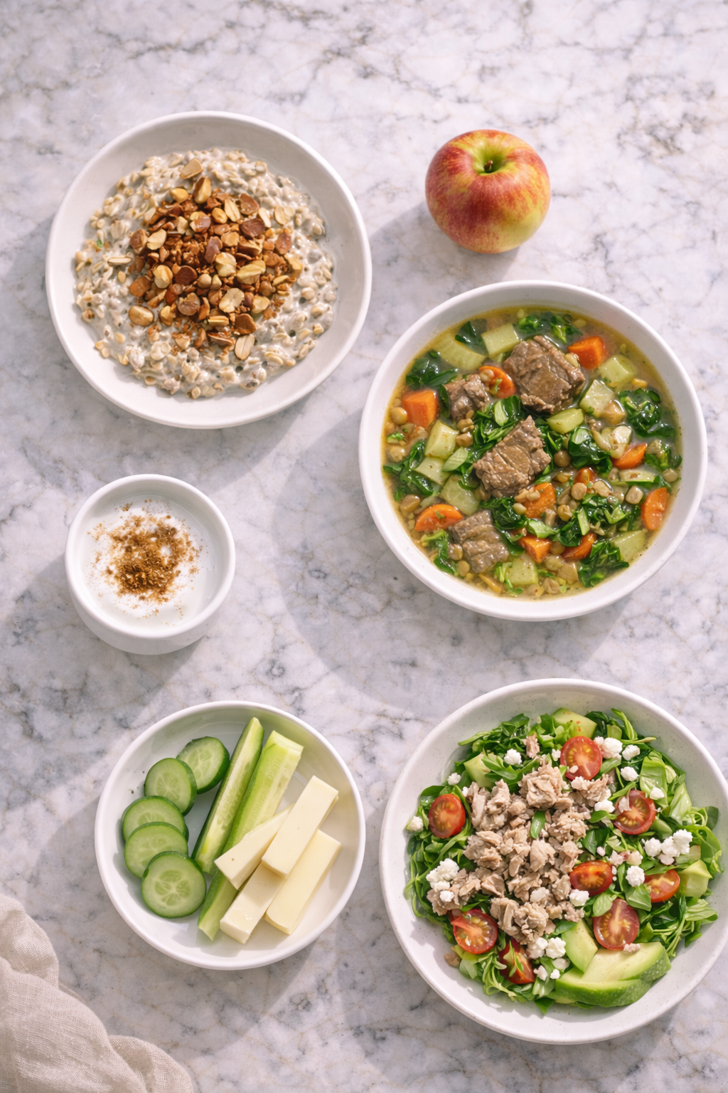 سكر الحمل: وجبات منخفضة المؤشر السكري على سطح رخامي بإضاءة طبيعية تشمل شوفان قليل مع زبادي وقرفة ومكسرات، فاكهة صغيرة، مرق خضار مع لحم وعدس/حمص، لبن بالقرفة، وسلطة تونة مع شوربة خفيفة