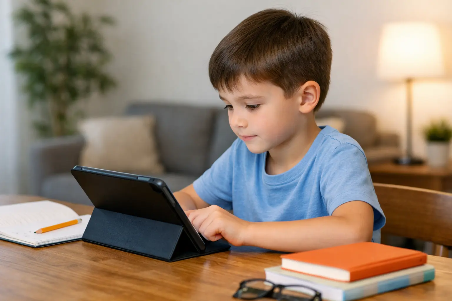 طفل يستخدم جهازًا لوحيًا على طاولة بإضاءة جيدة ومسافة مناسبة عن العين